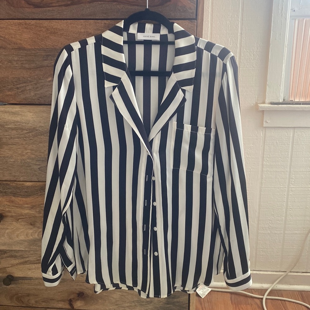 Anine Bing Black and White striped silk blouse.
